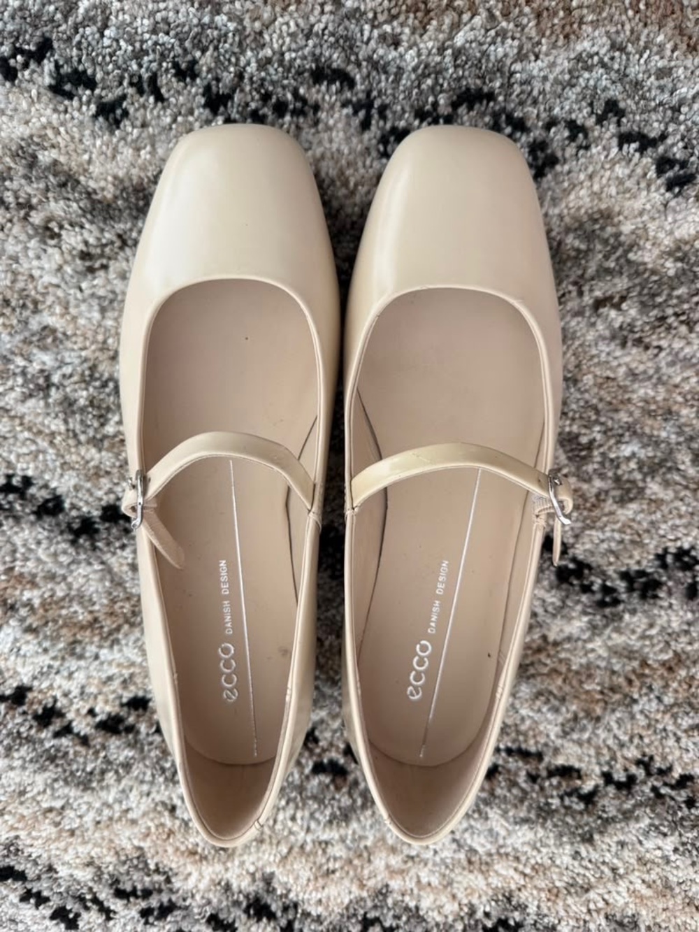 Ecco Beige Mary Jane Flats with Square Toe